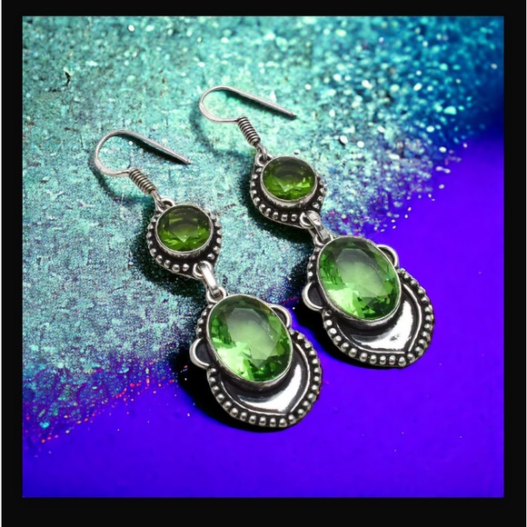 Peridot Handcrafted Drop Dangle Hook Style Earrings 2.4" Long Made In India New - Picture 11 of 16